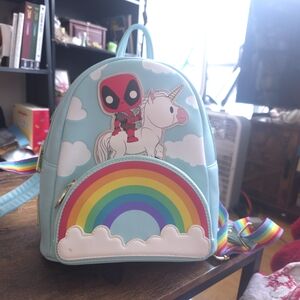 Loungefly Light Blue Deadpool Riding Unicorn Rainbow Mini Backpack